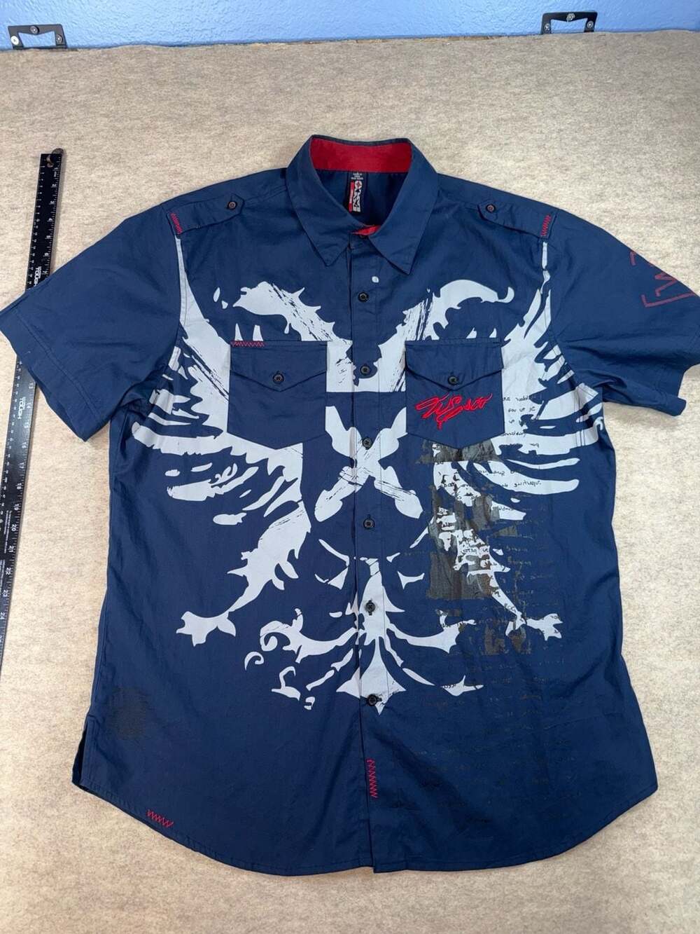 Willie Esco Mens Large Navy Eagle Graphic Button Down Shirt Streetwear Y2K